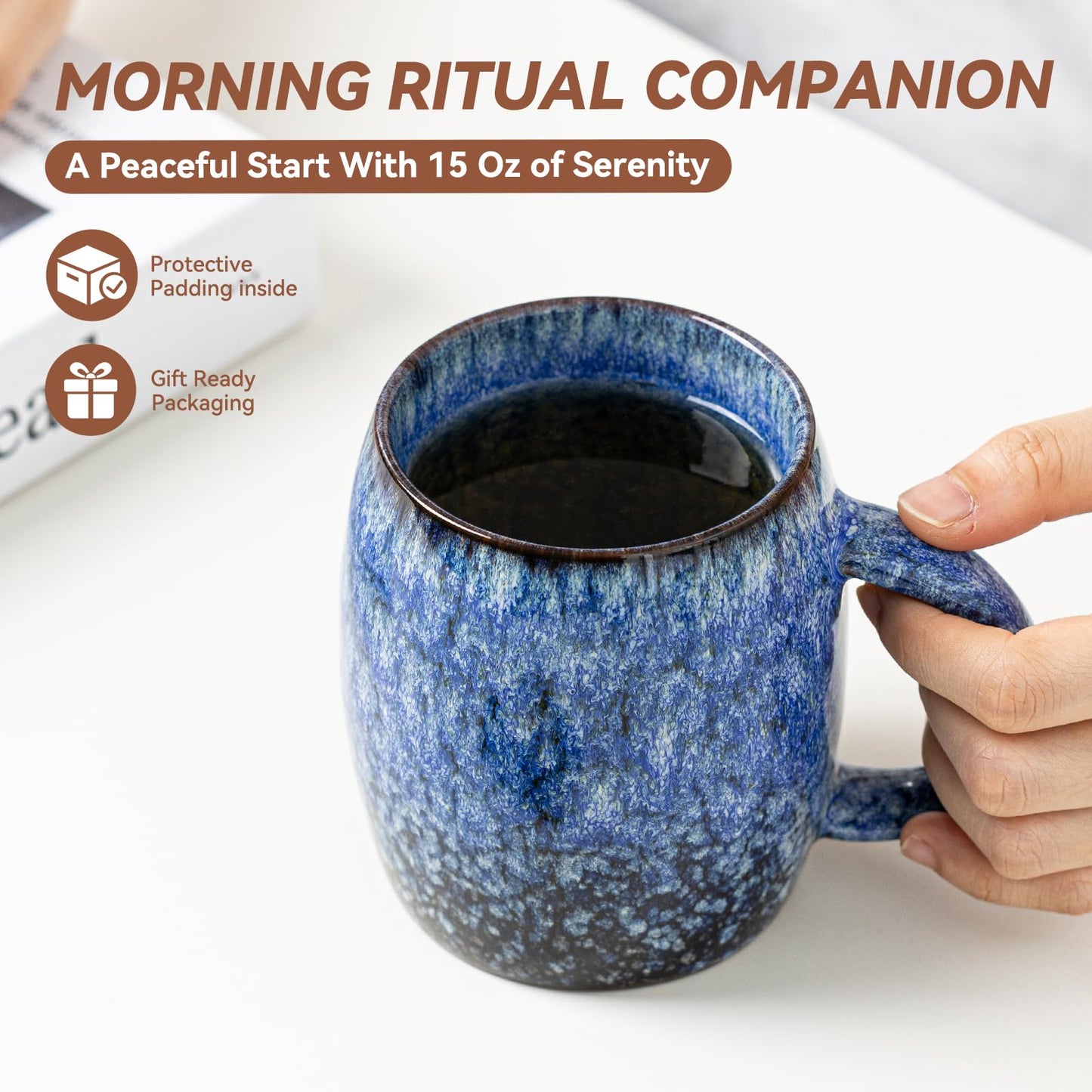 Sakura Blue Reactive Glaze Ceramic Coffee Mug - 14 oz Unique Mug with Ergonomic Handle, Large Ceramic Mug for Coffee, Tea, Milk - Great Birthday Gift for Women, Men, Friends, Home & Office Use