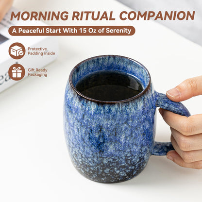 Sakura Blue Reactive Glaze Ceramic Coffee Mug - 14 oz Unique Mug with Ergonomic Handle, Large Ceramic Mug for Coffee, Tea, Milk - Great Birthday Gift for Women, Men, Friends, Home & Office Use