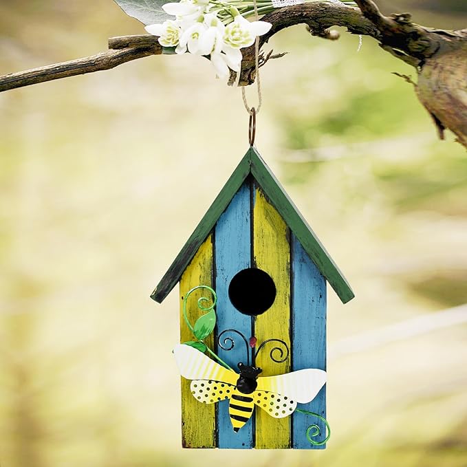 Morning View Bird Houses for Outside Decorative Nest Box Wooden Birdhouse Hanging Spring for Yard Garden Patio Outdoor Small Birds Bluebird Finch Cardinals Wren 9.35 Inch Tall (Light Blue)