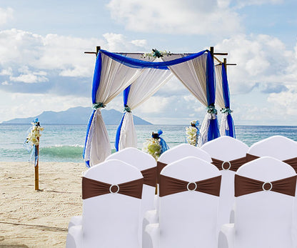 Tvoip 10PCS Chair Cover Stretch Band with Buckle Slider Sashes Bow Wedding Banquet Chair Decoration (Dark Brown)