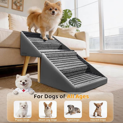 Dog Stairs for Small, Medium, Large Dogs & Cats, 17" H 4‑Step Foldable 2‑in‑1 Wooden Pet Steps with Split Ottoman Design, Non‑Slip Dog Ramp for Couch Bed Sofa for Puppy Senior Injured Pets