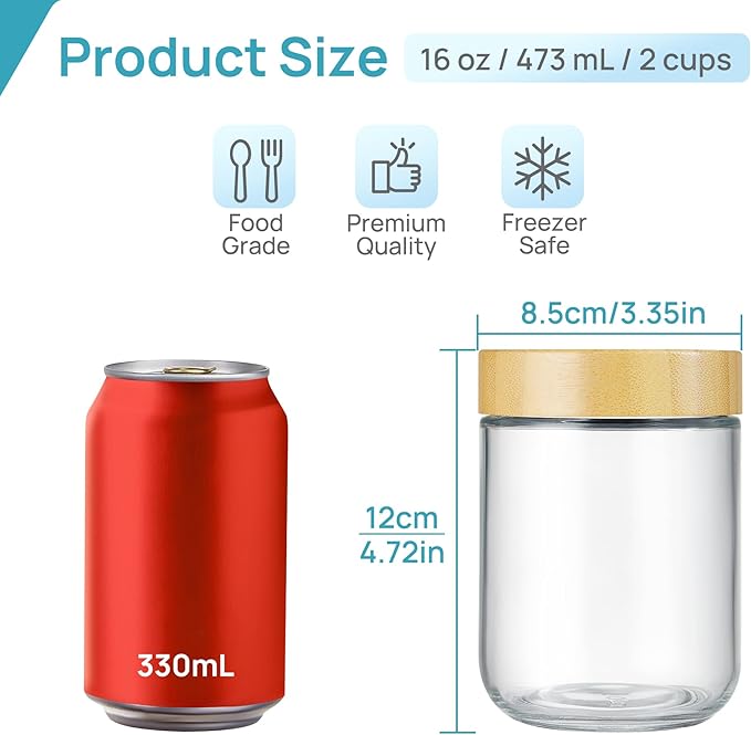 Vtopmart 8 Pack 16oz Glass Overnight Oats Containers with Bamboo Lids, Portable Wide Mouth Glass Jars Leak Proof, Reusable Glass Food Storage Containers for Yogurt Chia Pudding Salad Pickling Snacks