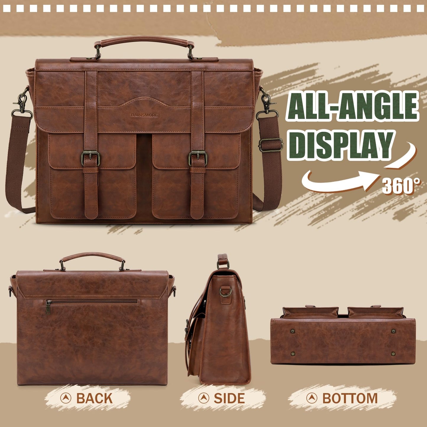 RAINSMORE Mens Messenger Bag 17 Inch Vintage Leather Laptop Briefcase Magnetic Closure Large Satchel Computer Shoulder Bag