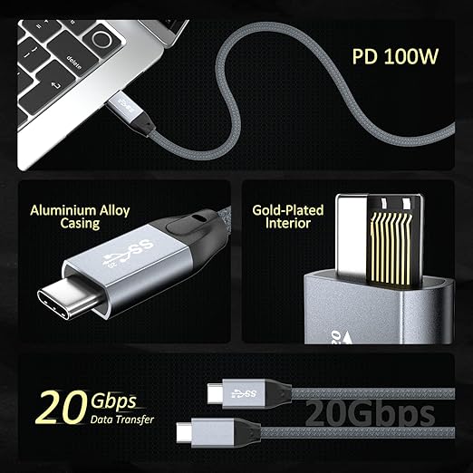 QCEs Short USB C to USB C 3.2 Gen 2 Cable 1.65Ft, 20Gbps High Speed Data Transfer, 4K Display, 100W Fast Charging for SSD Samsung T9 T7, SanDisk, Crucia X10 X9, SSK, Mac,PC, iPhone 17/16, Android