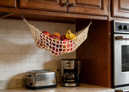 Tullace 2-Pack Hanging Fruit Hammock with Hooks - Macrame Under Cabinet Veggie Banana Basket, Hand-Woven Boho Fruit Holder, Save Counter Space for Kitchen Home RV Boat (Ivory)