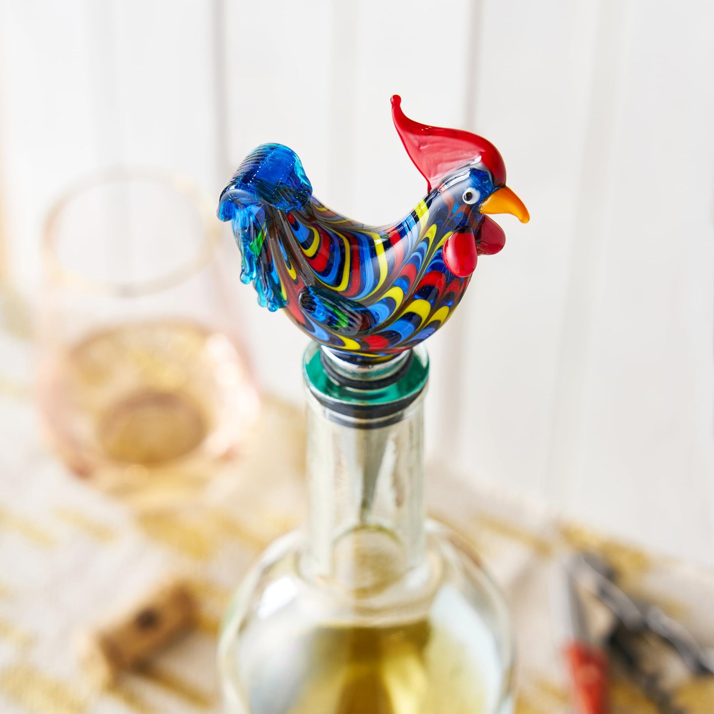 Twine Rooster Bottle Stopper, Glass Rooster Wine Bottle Stopper, Keep Wine Fresh, Glass, Metal, Multicolor, Set of 1