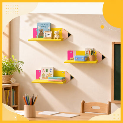Fumete 3 Pcs Back to School Pencil Shaped Wall Shelves 9.8 x 4.7 x 3.5 Inches Wooden Pencil Theme Floating Shelf for Classroom Wall Bookshelf Organizer for Back to School Supplies Classroom Decor
