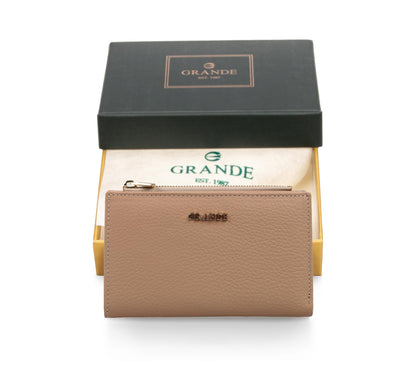 grande 2804 Genuine Leather Medium Bifold Wallet For Women Minimalist Wallet Ladies Zippered Mini Purse Small Card Holder (Cookie)