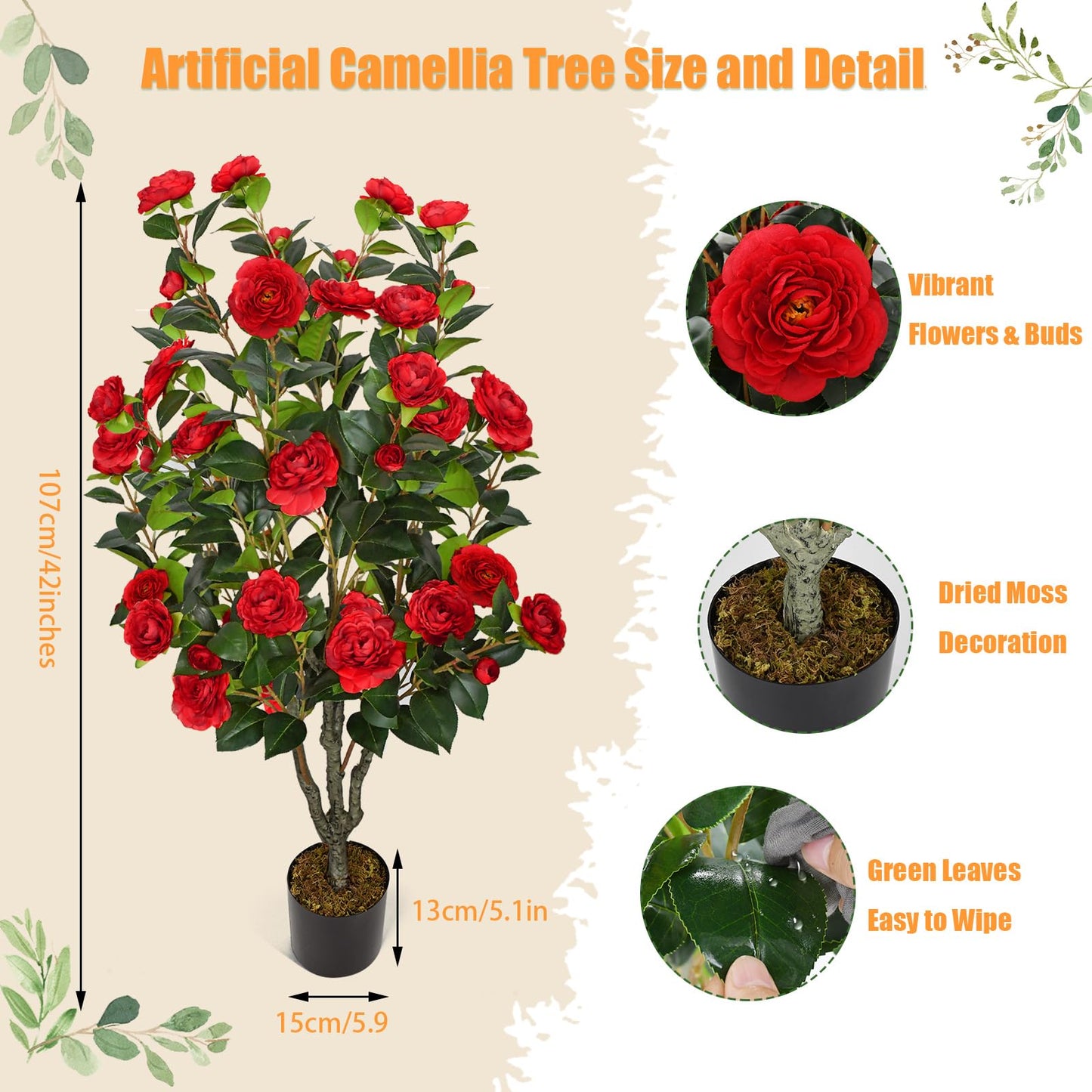 2 Pack Artificial Camellia Tree 42" Faux Floral Trees with 36 Red Blooming Flowers Tall Camellia Plant in Cement Pot with Dried Moss for Porch Front Door Office Shop Home Room