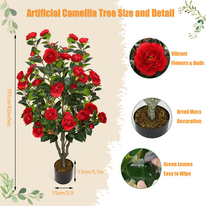 2 Pack Artificial Camellia Tree 42" Faux Floral Trees with 36 Red Blooming Flowers Tall Camellia Plant in Cement Pot with Dried Moss for Porch Front Door Office Shop Home Room