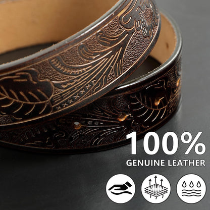 JIMJOY Men's Western Leather Belt Cowboy Belts for Men Big Engraved Buckle Belts