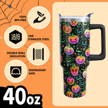 Sabobo Pumpkin Halloween Gifts for Women Men, Horror Pumpkin Face Stainless Steel Insulated Travel Coffee Cup, 40 Oz Tumbler with Handle and Straw, Holiday Birthday Water Bottle (1 PC)