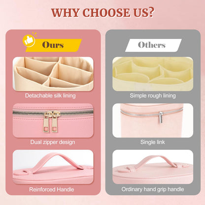 MaqSacion Makeup Bag Vanity Case for Women Leather Cosmetic Bag Makeup Organizer Case Portable Travel Toiletry Bag With Removable Compartments and Handle - Pink