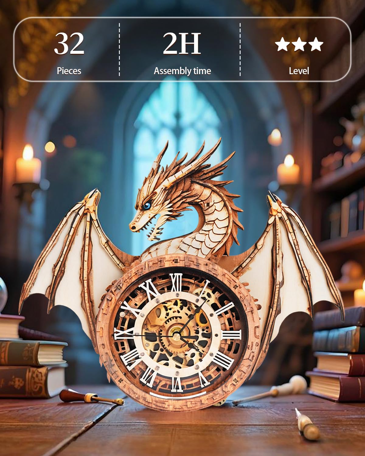 Rnfinewow 3D Puzzles for Adults, 3D Puzzle Dragon Clock Kit (with Pendulum), Wooden Puzzles for Adults Home Wall Decor Dragon Clock Christmas Day Puzzle Gifts for Men Women