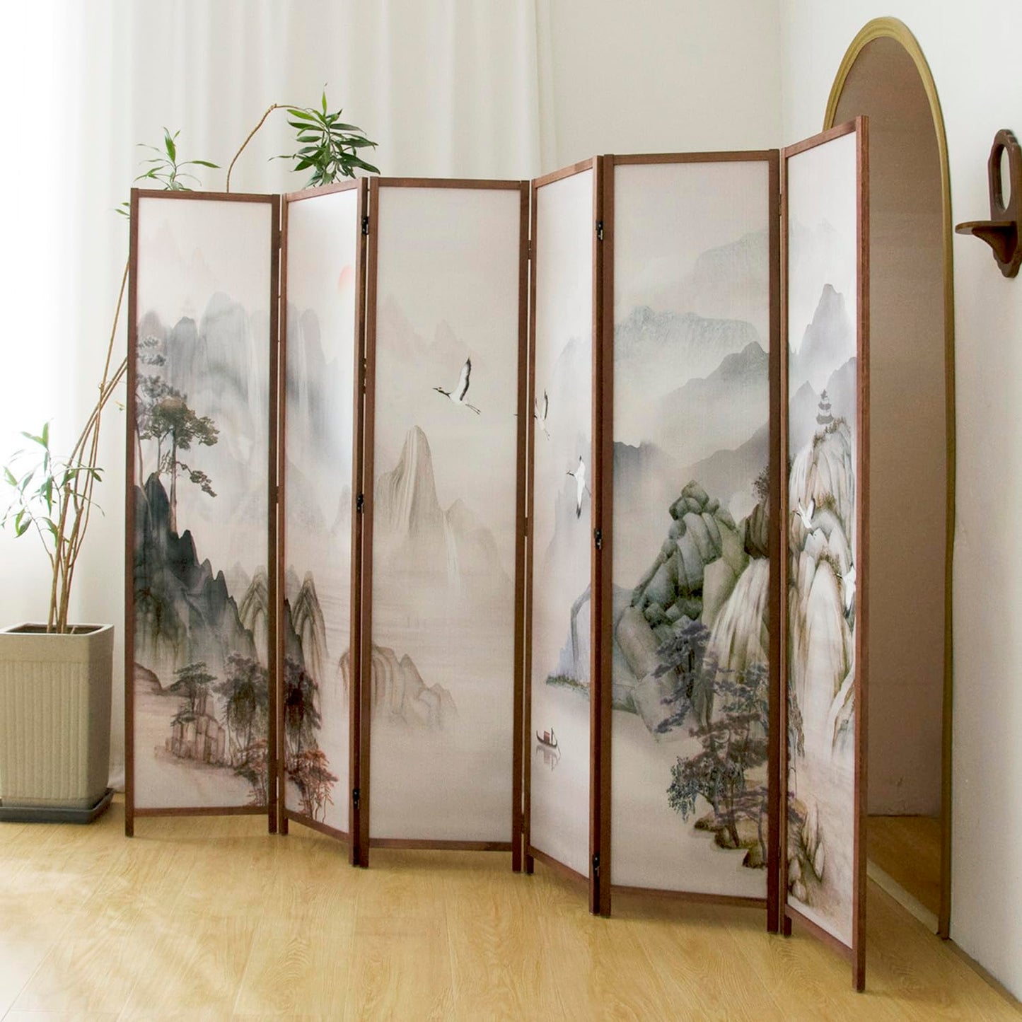 Pawlabay 6 Panel Room Divider, 5.6 ft Tall Blackout Folding Privacy Screen - Freestanding Partition Wall with Double-Sided Patterns, Ink-wash Mountain Landscape for Home Office (67" H x 94.5" W)