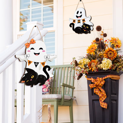 Leinuosen 2 Pcs Halloween Ghost Witch Door Sign Boo Decorations Front Door Hanger Wreath Decor Black Cat Pumpkin Wooden Hanging Sign for Party Supplies (Ghost)