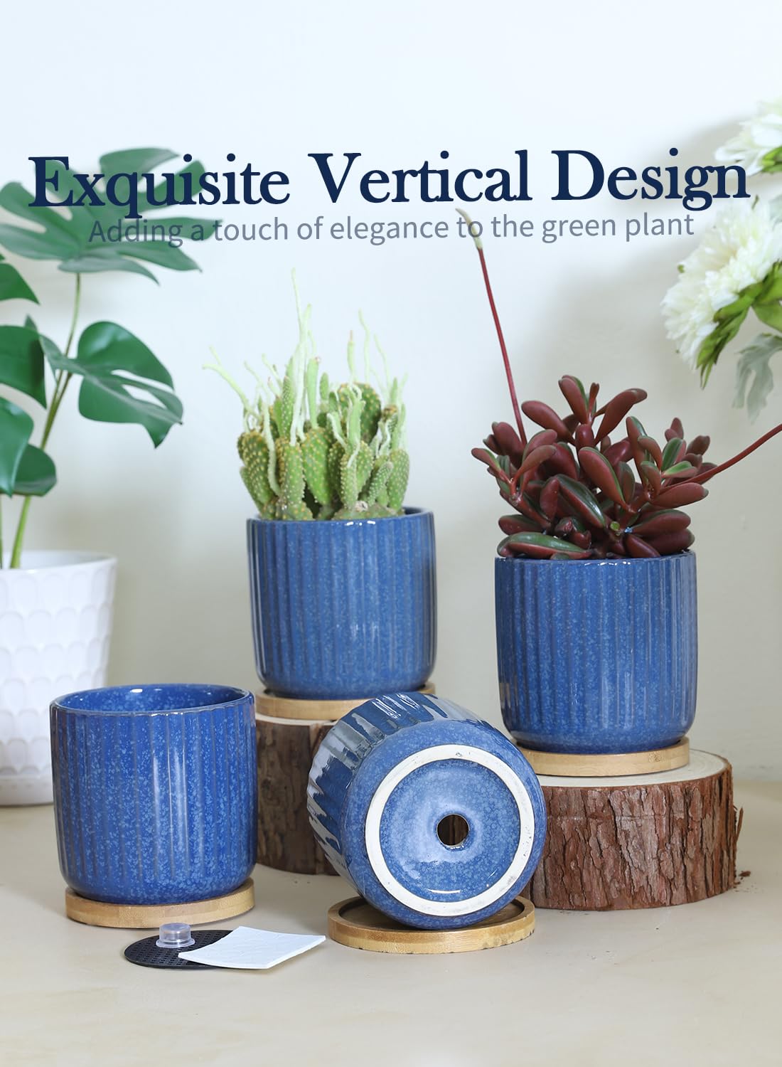 BABALIU 4 Inch Ceramic Plant Pots with Saucer & Drainage Hole, Cylinder Reactive Glaze Blue Vertical Stripes Planters with Trays for Herbs, Cactus, Flower, Small Snake Plants, Succulents, Set of 4
