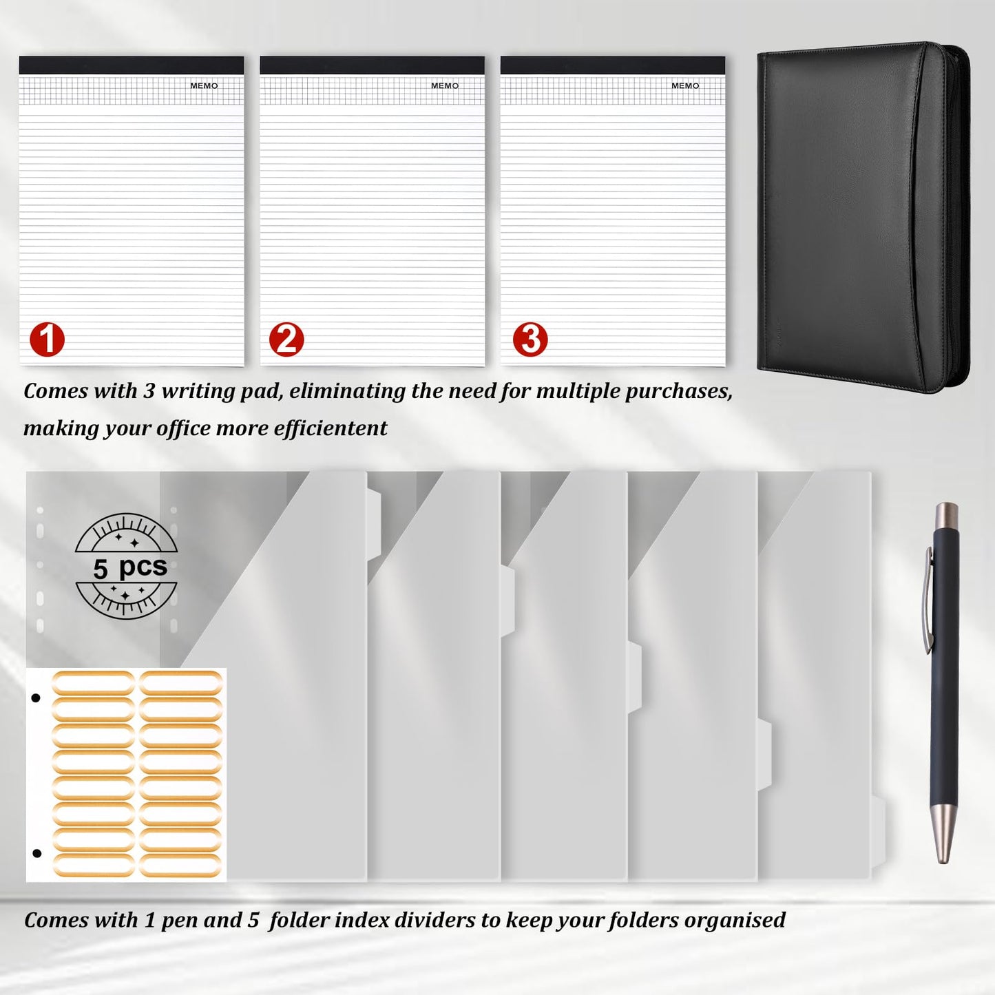 Leathario Portfolio Binder, Includes 10 Sheet Protectors and 3 Notepads, 3-Ring Folder Organizer, A4 Padfolio with Zipper, Vegan Leather Tablet Sleeve, Business Office Conference Clipboards