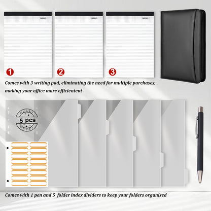 Leathario Portfolio Binder, Includes 10 Sheet Protectors and 3 Notepads, 3-Ring Folder Organizer, A4 Padfolio with Zipper, Vegan Leather Tablet Sleeve, Business Office Conference Clipboards