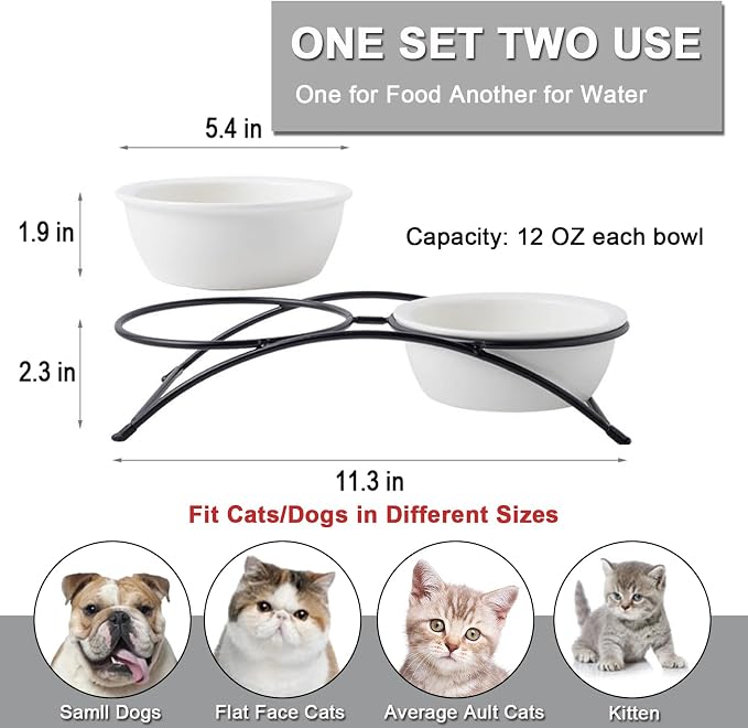 ZONEYILA Elevated Cat Bowls, Dog Bowl, Ceramic Raised Cat Food Water Bowl Set with Metal Stand for Indoor Cats Small Dog, Prevent Neck Pain,12 Ounces, Cute Dog Bone Pattern
