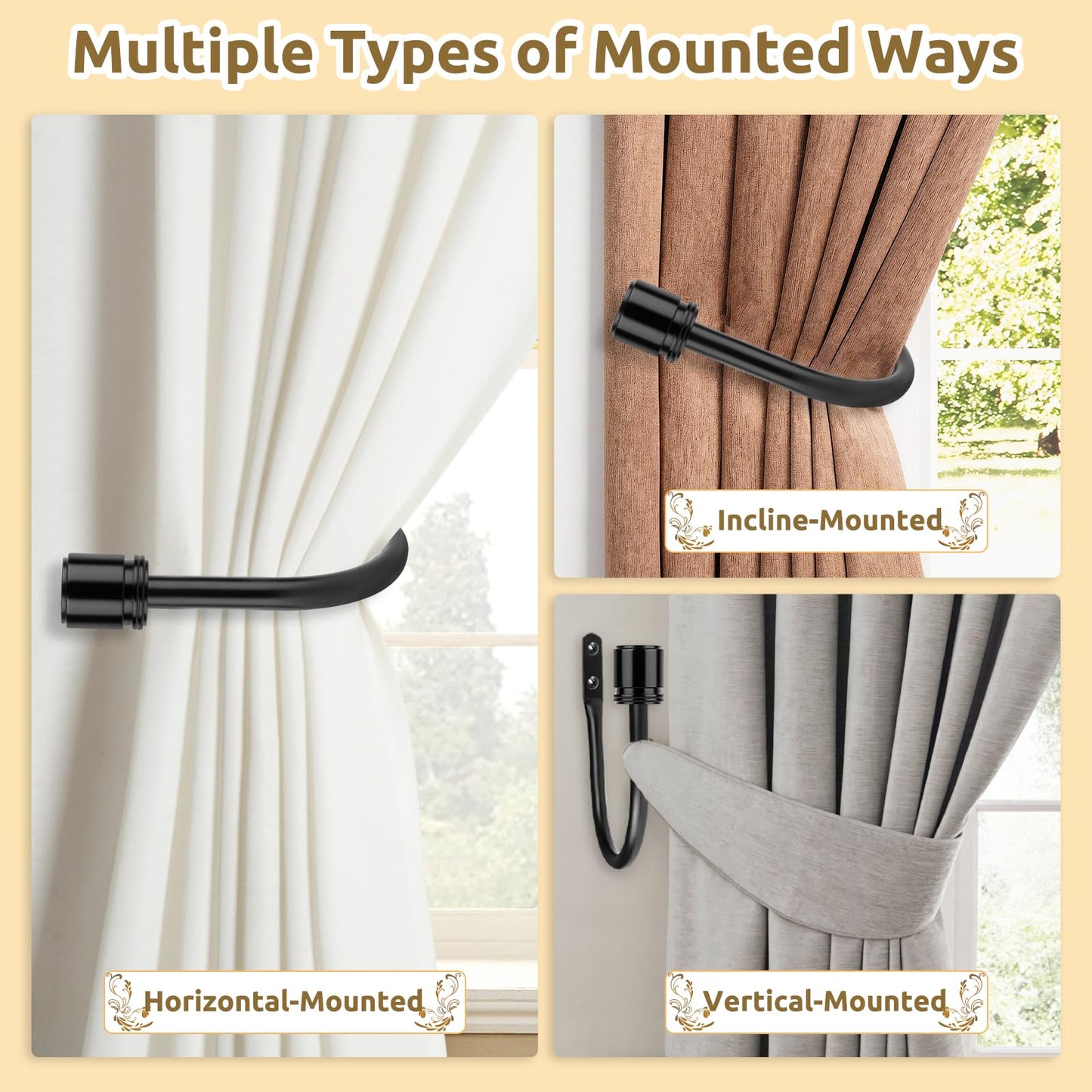 Curtain Holdbacks 2 Pack, HOTOZON Decorative Curtain Tieback with Screws Wall Mounted, Curtain Hooks for Drapes with Simple End Finials, Black (1 Pair/2 Pack), Large