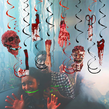 Halloween Bloody-Scary Indoor-Outdoor Party-Decoration Garland - 12pcs Creepy Skulls Zombie Skeleton Haunted House Swirl Streamers Banner,Window Fireplace Classroom Hanging Decor Lasting Surprise