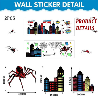 Spider Theme Wall Stickers - Removable Spider Web & Cityscape Wall Decals for Boys Bedroom, Playroom, Living Room