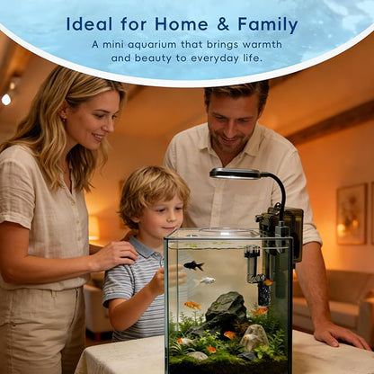 2.1 Gallon Nano Aquarium Kit with Lid, Space Saving Hang-On Filter and LED Light, Ultra-Clear Rimless Glass Desktop Fish Tank for Small Fish, Shrimp, and Betta