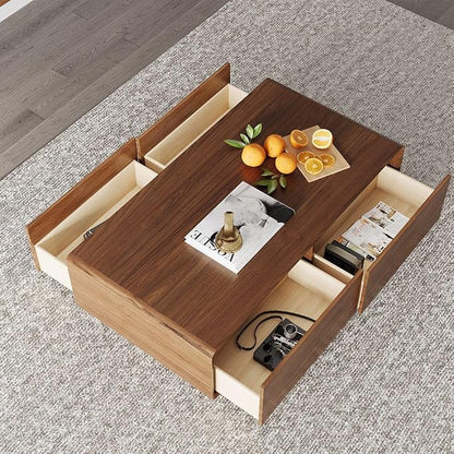 POVISON Mid Century Coffee Table with 4 Drawers,51” Rectangle Wood Coffee Table for Living Room, Fully Assembled, Walnut