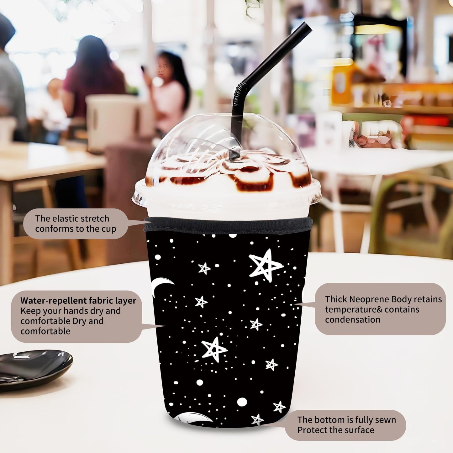 AUEKLLW 3 Pack Reusable Neoprene Insulator Sleeve for Iced Coffee Cups, Funny Coffee Cup Sleeves for 16-32oz Coffee cups, Cute Drink Sleeve for Cold Hot Beverages Cute Moon Star