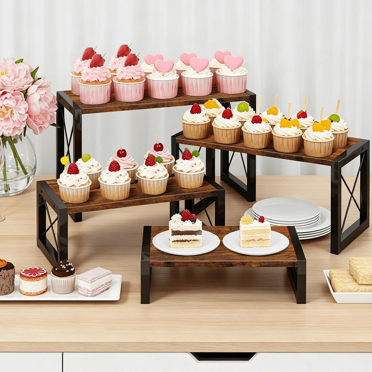 ELITEROO Wood Risers Display Stands Set of 4, Wooden 4 Tier Cupcake Stand, Tiered Riser for Vendors, Decorative Display Risers for Food Desserts Buffet Table at Party Wedding, Rustic Brown