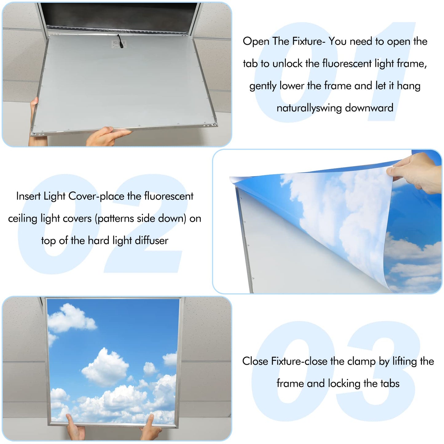 Amylove 4 Pcs Fluorescent Light Covers Classroom Ceiling Panels Light Filters with Backlit Film Material for Office School, 4 x 2 Feet (White, Blue,Cloud)