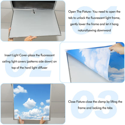 Amylove 4 Pcs Fluorescent Light Covers Classroom Ceiling Panels Light Filters with Backlit Film Material for Office School, 4 x 2 Feet (White, Blue,Cloud)