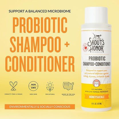 SKOUT'S HONOR Probiotic Cat Shampoo & Conditioner with Avocado Oil & Omega-3s, 97% Natural, Paraben & Sulfate-Free, Cruelty-Free, Defend Against Itch, Dryness, Irritation, 16oz, Honeysuckle