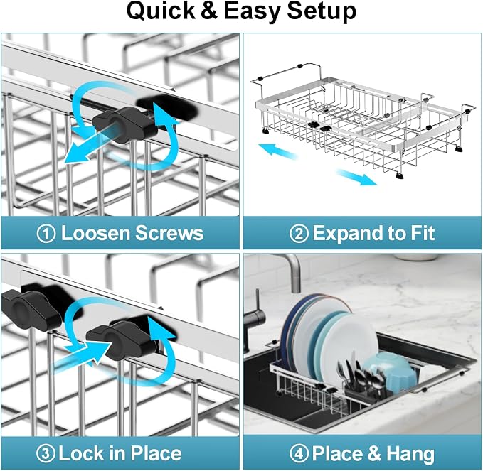 GSlife Dish Drying Rack Over the Sink - Expandable Stainless Steel Dish Drainer for Small Kitchen Apartment, Space Saving Sink Rack with Secure Lock Knob and Utensil Holder, Silver