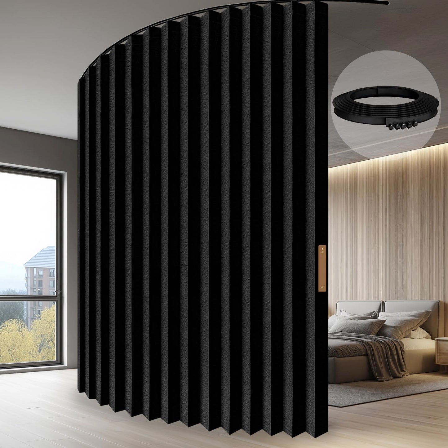 JILRON Accordion-Style Room Divider with Ceiling Track - Foldable Partition Curtain, Easy Installation(Black 100" W x 84" L-Pack of 1)
