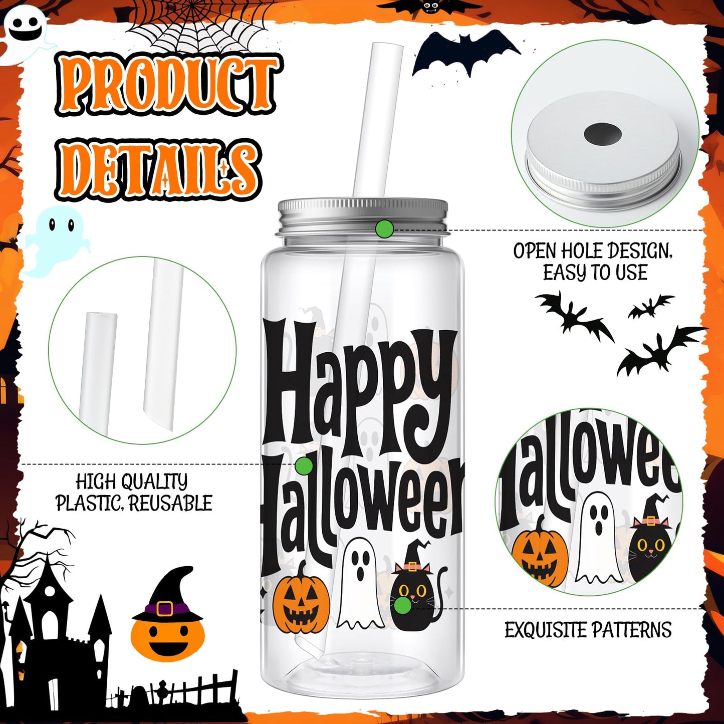 Skylety 30 Pcs Halloween Plastic Cups Tumbler with Lids and Straws 13.5 oz Pumpkin Ghost Bat Reusable Plastic Cups for Halloween Holiday Party Decor Supplies