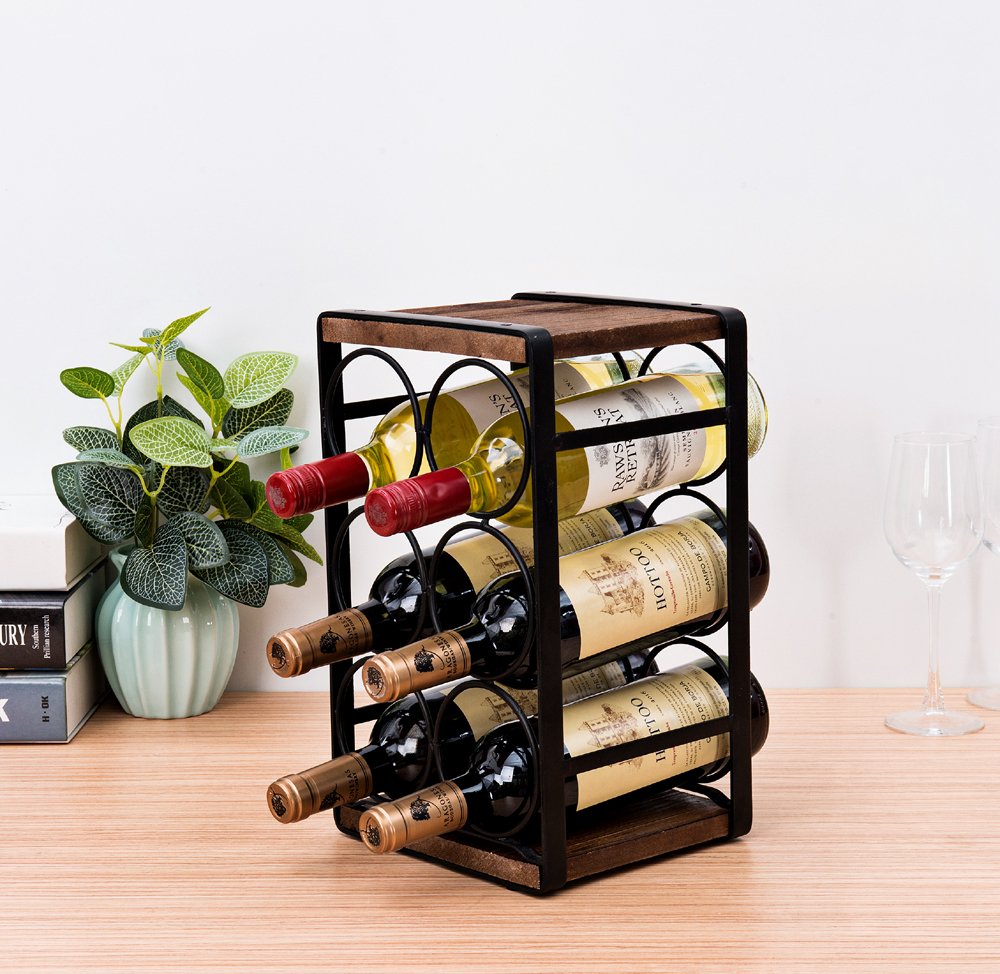 SODUKU Rustic Wood Countertop Wine Rack 6 Bottles No Need Assembly Brown