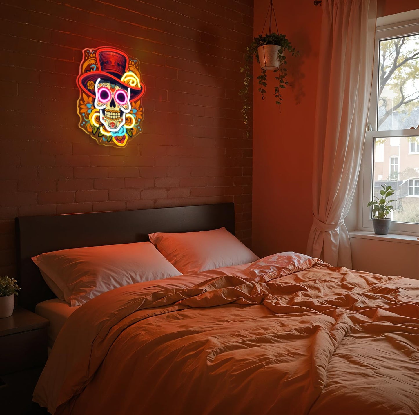 Sneignon Day of the Dead Neon Sign - Mexican Sugar Skull LED Neon Light for Home & Bar Decor,UV Printed Art with Flexible LED Strip,Halloween & Día de Muertos Party Decoration (Red）