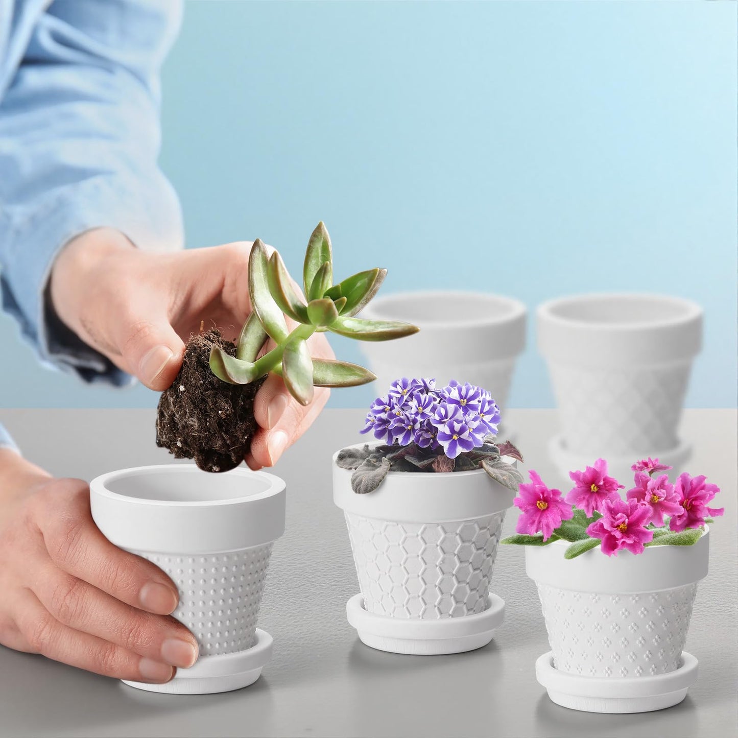 Meanplan 12 Pcs 3 Inch DIY Ceramic African Violet Pots with Saucer Unpainted Ceramic Paintable Flowerpots Small Embossed Flower Pots for Garden Windowsill Indoor Outdoor Wedding Favors Gifts