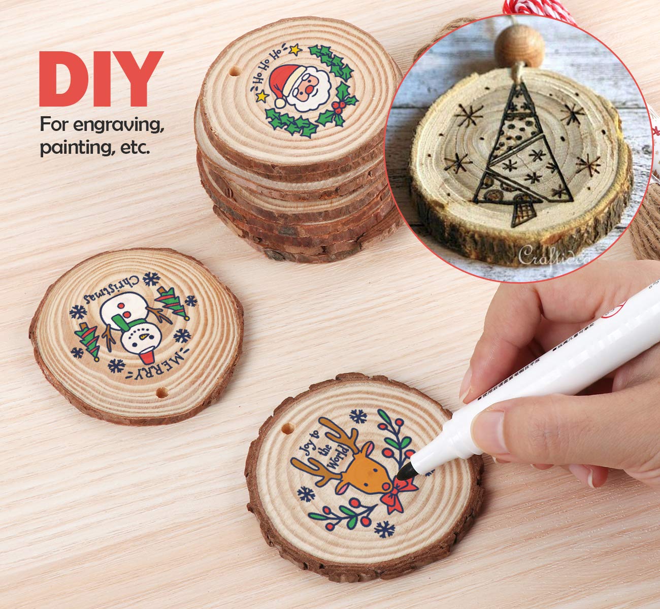 50Pcs Wood Slices 2.4"-2.8" Unfinished Wood Rounds with Pre-drilled Hole and 66Feet Twine String, Natural Wood for Crafts for Home Decor Painting DIY Christmas Ornaments Party Wedding Decor