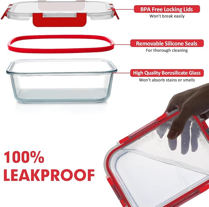 VERONES 30 Pieces Glass Meal Prep Containers Set, Stackable Glass Food Storage Containers with Lids-Airtight Lunch Containers，for Microwave, Oven, Freezer & Dishwasher,Red