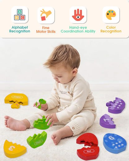 OEUVI Toddlers Learning Toys Wooden Number Counting Montessori Educational Toys Matching Eggs Dinosaur Toys Sorting Fine Motor Games Christmas Birthday Easter Gift for Kids Boys Girls Ages 3+