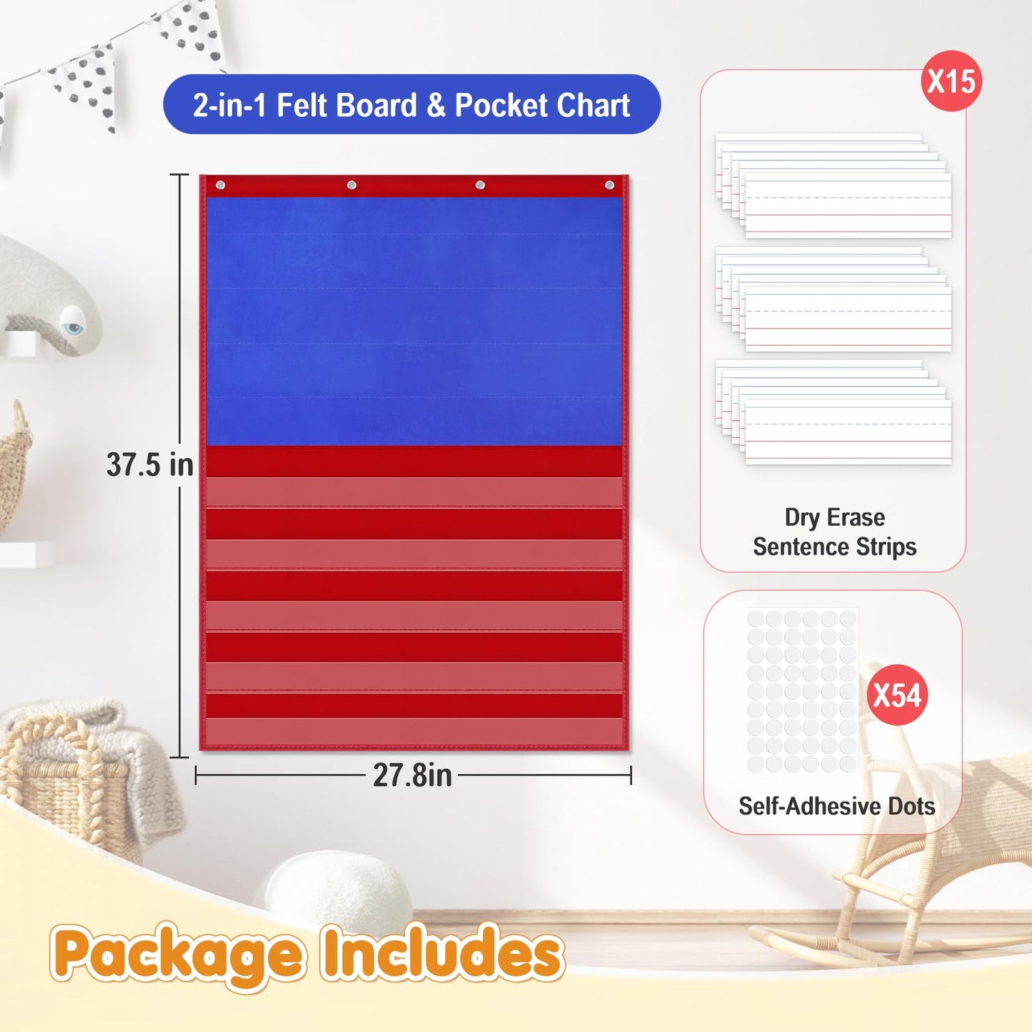 AKAYOK 2-in-1 Felt Board & Pocket Chart, 37”x28 Felt Board for Wall with 54 Self Adhesive Dots & 15 Dry Erase Sentence Strips, Flannel Boards Stories for Preschool, Early Literacy & Speech Therapy