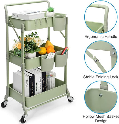 Foldable 3 Tier Rolling Cart, Metal Utility Cart, Folding Mobile Multi-Function Storage Trolley Organizer Cart for Home Library Office(Green)