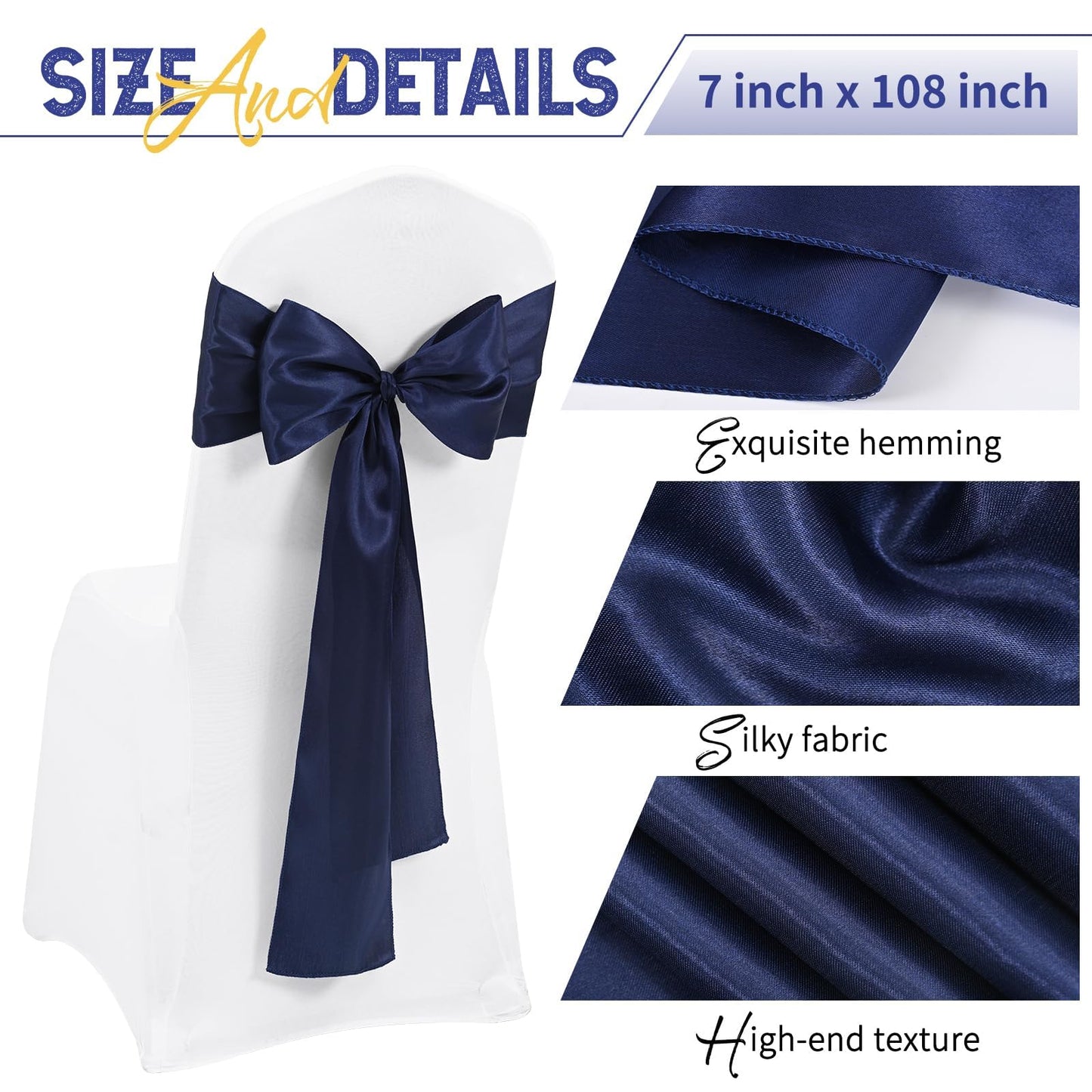 REWOMC 120 PCS Navy Blue Satin Chair Sashes, Ties Bows Designed Chairs Decorative, Chair Cover Sashes for Thanksgiving Wedding Christmas Banquet Party Home Kitchen Decoration (7 x 108 inch)
