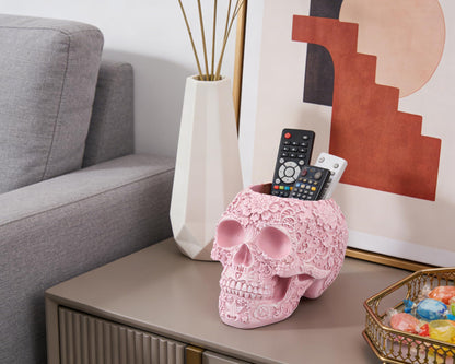 BOIHEGU Skull Bowl Decorative Skull Vase Makeup Brush Pen Holder Organizer Dresser Gothic Table Organizer Decoration, Pink Skull Pot Enthusiasts Gifts