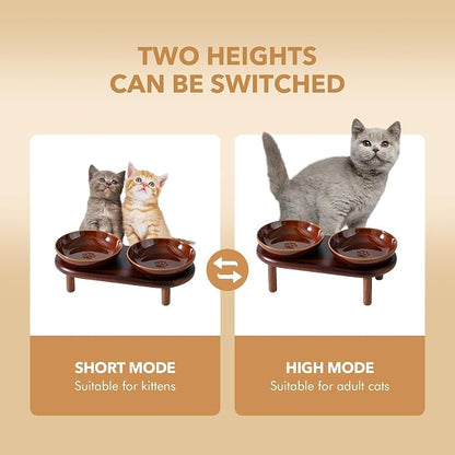 Havniva Elevated Cat Bowls Raised Ceramic Cat Bowl, 5.7” Wide Opening Cat Food Bowl Whisker Friendly Cat Dish Anti-Slip with Wood Stand, Shallow Pet Food & Water Bowl for Indoor Cats