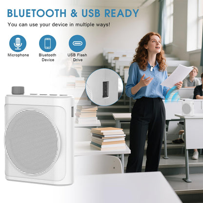 15W Wireless Voice Amplifier with 2 Magnetic Lavalier Mics & Noise Reduction - Bluetooth 5.3 PA System for Teachers, Tour Guide, Yoga - 15H Rechargeable Battery, Waist-Mount Design (White)
