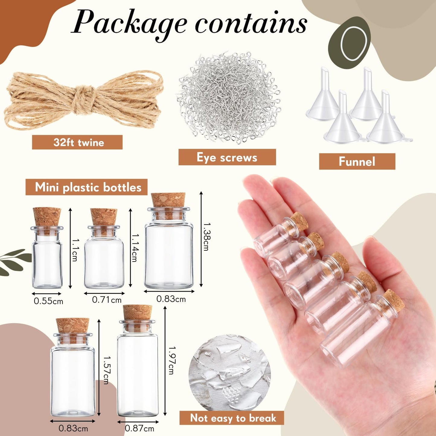Bokon 25 Pack Mini Plastic Bottles with Corks Stoppers Eye Screws Funnels Small Potion Bottles Tiny Clear Sand Art Jar Wishing Vial for Birthday Party DIY Crafts Gift